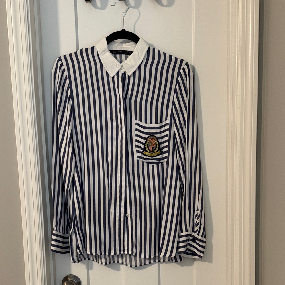 Zara basic Striped Button-Up Shirt with Embroidered Patch